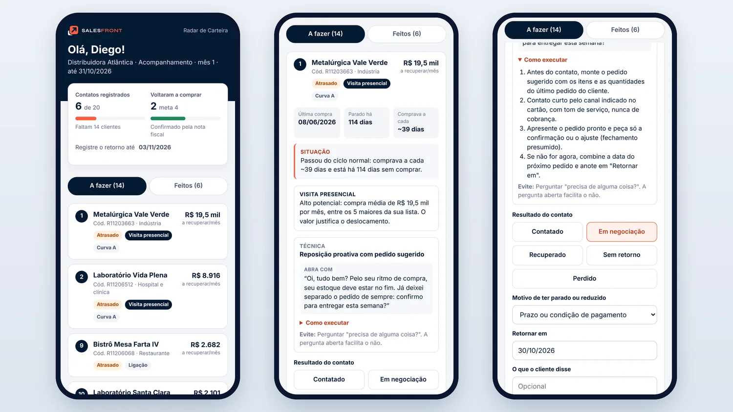 Link do vendedor no celular: lista de clientes em ordem de prioridade, canal indicado, técnica de abordagem com a frase de abertura e o registro do resultado do contato
